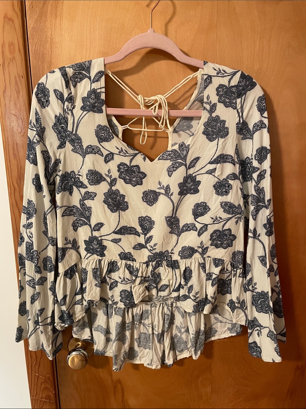 Cream Floral High-Low Blouse with Navy Print